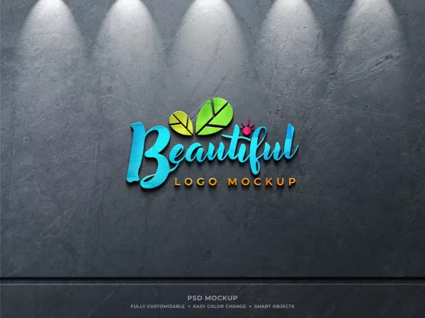 Colorful Reflective Glass Logo Mockup Rough Dusty Concrete Wall