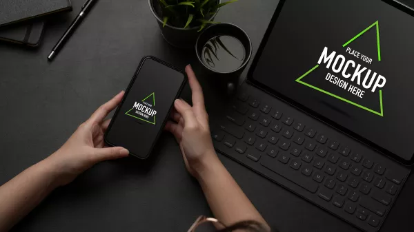 Hands Using Mock Up Smartphone Worktable With Mock Up Tablet Coffee Cup