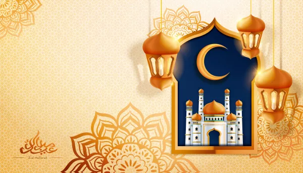 Eid Mubarak Calligraphy Design With Lanterns Mosque