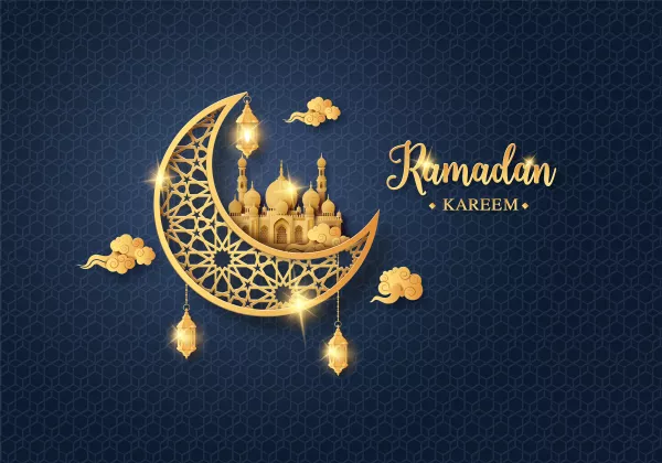 Golden Shiny Moon With Hanging Lantern Mosque Ramadan Kareem Greeting Card Paper Cut