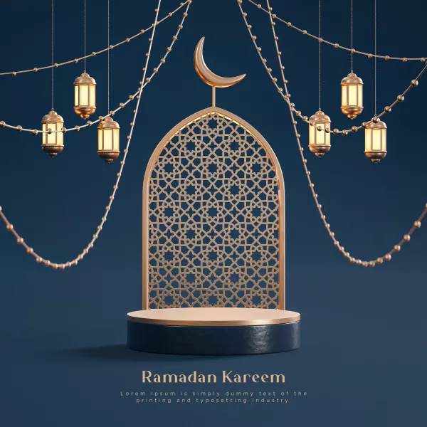 Ramadan Kareem Luxury Realistic Islamic Podium 3D Navy Gold Background 3D Render