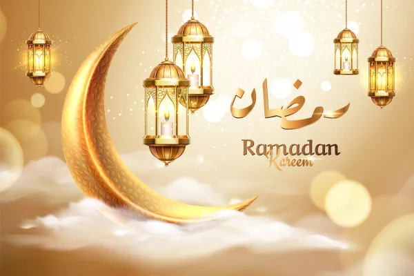 Ramadan Kareem Ramazan Mubarak Greeting With Fanous Lantern Crescent Cloud