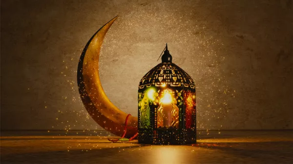 3D Render Crescent Moon Illuminated Arabic Lantern