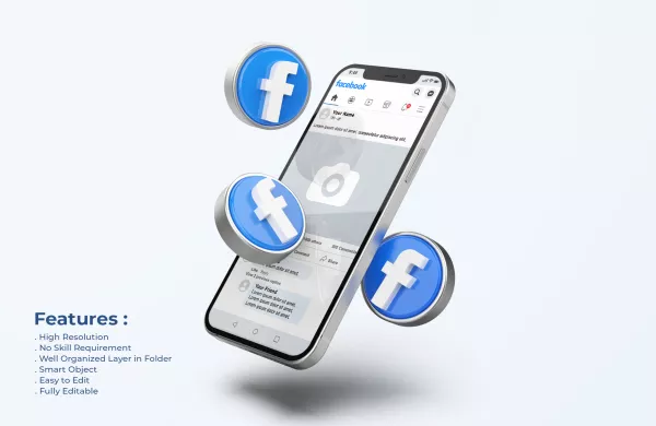 Facebook Mobile Phone Mockup With 3D Icons