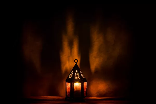 Arabic Lantern With Candle Night Islamic Holiday Muslim Holy Month Ramadan End Eid Happy New Year Copy Space Dark Background