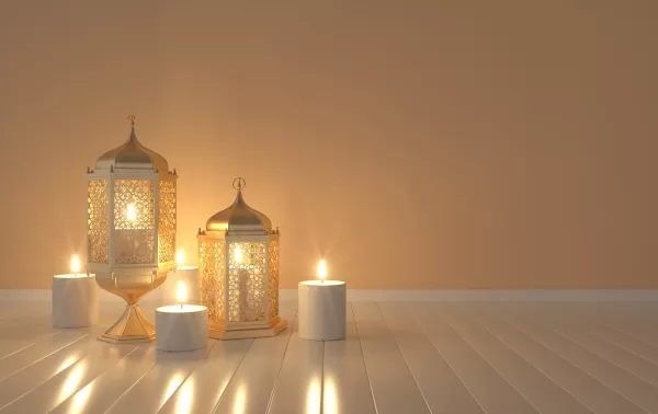 Golden Lantern With Candle Lamp With Arabic Decoration Arabesque Design