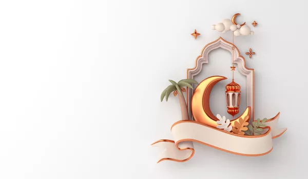 Free Download Islamic Decoration Background With Mosque Window Waving Ribbon Lantern Crescent - GFXLoad