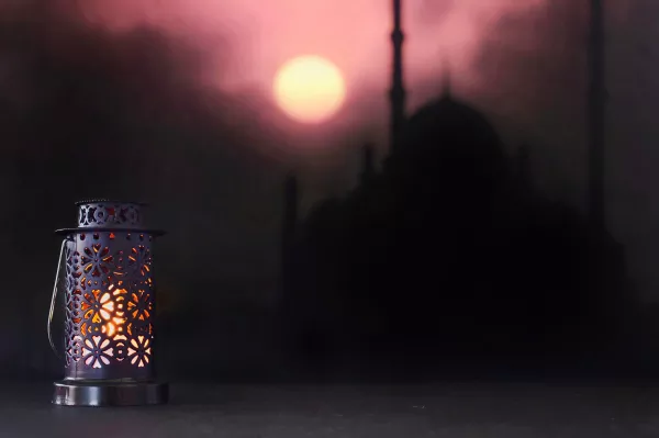 Lantern Candle Lamp With Bokeh Mosque Background Muslim Eid Mubarak Holy Month Ramadan Kareem