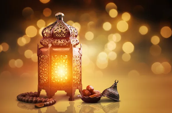 Ornamental Arabic Lanterns With Burning Candles Glittering Golden Bokeh Lights
