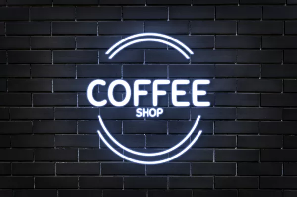 Free Download Neon Emboss Logo Mockup Psd Coffee Shop Dark Brick Wall Background - GFXLoad