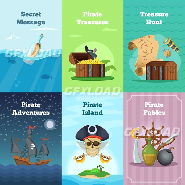 Different Invitation Cards Pirate Theme Vector Illustrations With Place Your Text Pirate Card Hunt Treasure Adventure