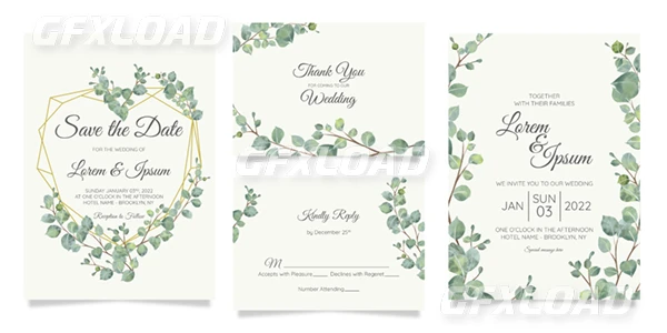 Beautiful Watercolor Botanic Wedding Invitation Card Template Set With Flowers Decoration