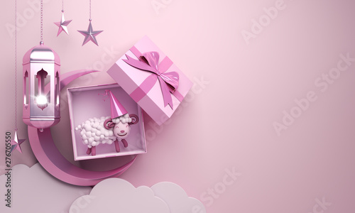 Free Download Gift box cartoon sheep crescent moon star cloud arabic lamp on studio lighting pink pastel background design concept of islamic celebration eid al adha or happy birthday 3d illustration - GFXLoad