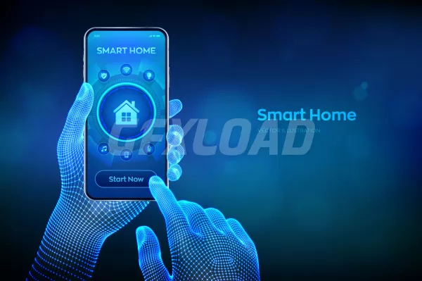 Smart Home Automation Control System Concept Virtual Screen Closeup Smartphone Wireframe Hands