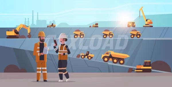 Engineers Using Radio And Tablet Workers Controlling Professional Equipment Working On Coal Mine Extraction Industry Mining Transport Concept Opencast Stone Quarry Background Flat Horizontal