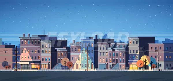 City Building Houses Night View Skyline Background Real Estate Cute Town Concept Horizontal Banner Flat Vector I