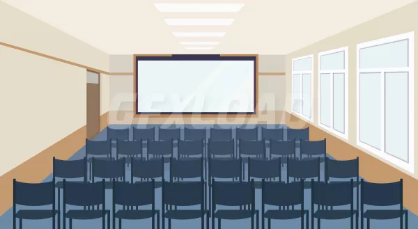 Modern Meeting Conference Presentation Room Interior With Blue Chairs And Blank Screen Lecture Seminar Ha