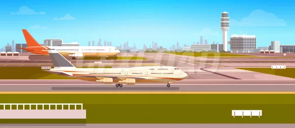Airport Terminal With Aircraft Flying Plane Taking Off Flat Vector Illustration
