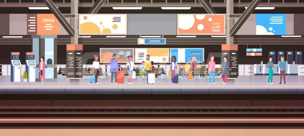 Train Station With People Waiting On Platform Holding Baggage Transport And Transportation Concept