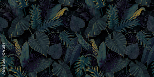 Free Download Botanical Illustration Tropical Seamless Pattern Rainforest Jungle Palm Leaves Monstera Colocasia Banana Hand Drawing For Design Of Fabric Paper Wallpaper Notebook Covers - GFXLoad