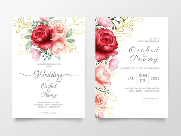 Flowers Wedding Invitation Cards Template With Marble Textures
