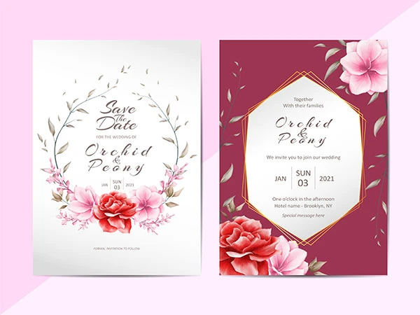 Elegant Wedding Invitation Template Set With Watercolor Floral