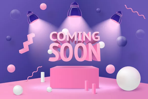 3D Realistic Corner Wall Abstract Scene Coming Soon Spotlights Podium Pink White Violet Balls Objects