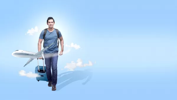 Asian Man With Suitcase Bag Backpack Going Traveling With Airplane Background