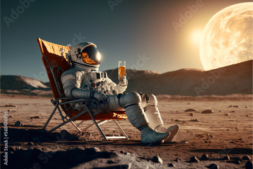 Free Download An astronaut sits on a chair and basks under the rays of a bright star while drinking beer on an alien planet the concept of travel and lifestyle of an astronaut on another planet art generated ai - GFXLoad