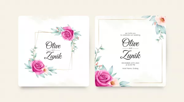 Beautiful Wedding Invitation Card Template With Golden Frame Floral Watercolor