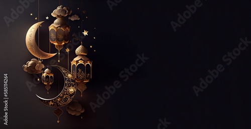 Lantern islamic eid mubarak eid al adha banner with generative ai