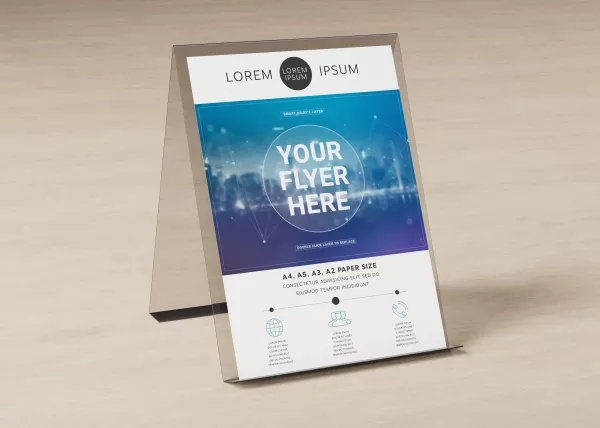 Brochure Display Stand Wooden Surface Mockup