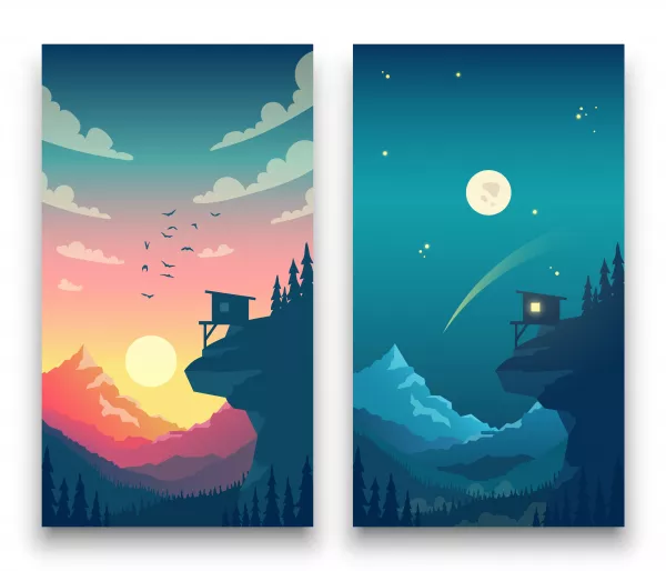 Day Night Flat Vector Mountain Landscape With Moon Sun Clouds Sky Vector Concept