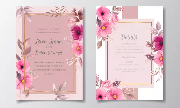 Romantic Maroon Wedding Invitation Card Template Set With Rose Cosmos Flowers Leaves