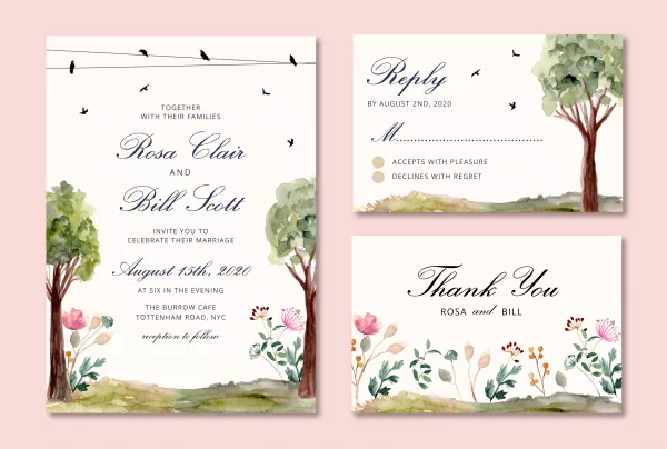 Wedding Invitation Set With Bird Tree Watercolor