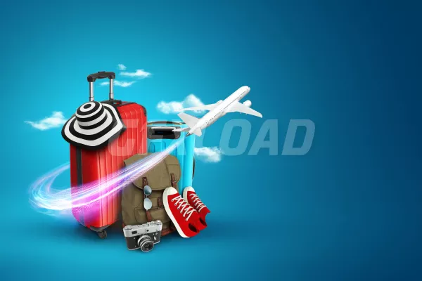 Creative Background Red Suitcase Sneakers Plane Blue Background