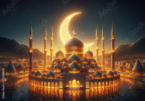 Free Download Mosque View In The Night With Half Moon - GFXLoad