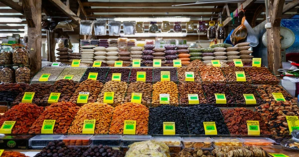 Large Assortment Nuts Dried Fruits Counter Market Front View Healthy Nutrition Vegetarianism
