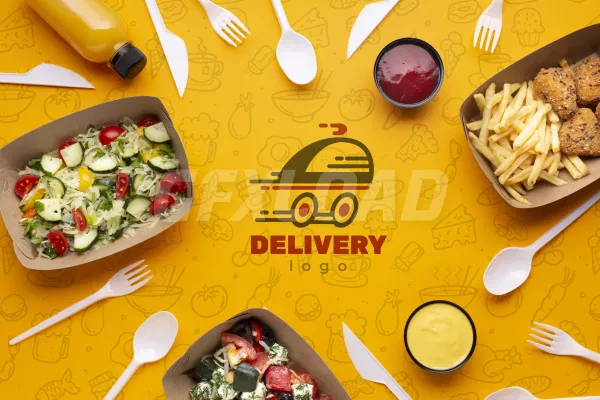 Free Download Flat Lay Free Food Service Arrangement With Background Mock Up - GFXLoad