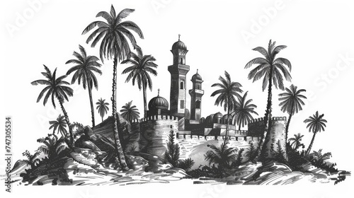 Free Download Black Ink Hand Drawn Palm Tree And Mosque Eid Ul Adha Concept - GFXLoad