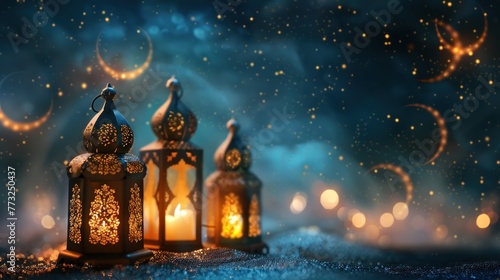Postcard for the holiday eid al adha moon and stars lanterns on a dark background