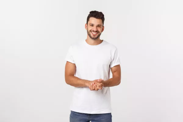 Portrait Smiling Young Man White T Shirt Isolated White