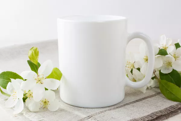 Free Download White Coffee Mug Mockup With Apple Blossom - GFXLoad